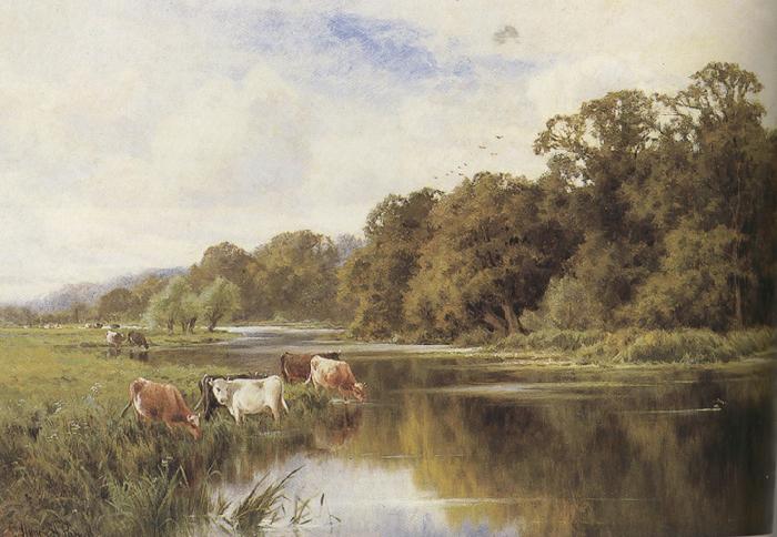 Henry h.parker Cattle watering on a Riverbank (mk37) Sweden oil painting art